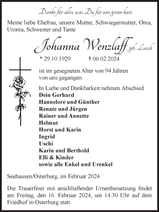 Traueranzeige von Johanna Wenzlaff von Volksstimme Altmark Ost