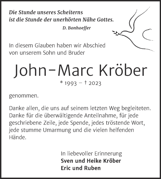 Traueranzeige von John-Marc Kröber von Trauerkombi Wittenberg