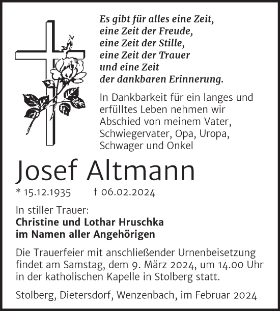 Traueranzeige von Josef Altmann von Trauerkombi Sangerhausen