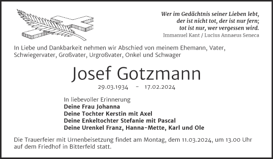 Traueranzeige von Josef Gotzmann von Trauerkombi Bitterfeld