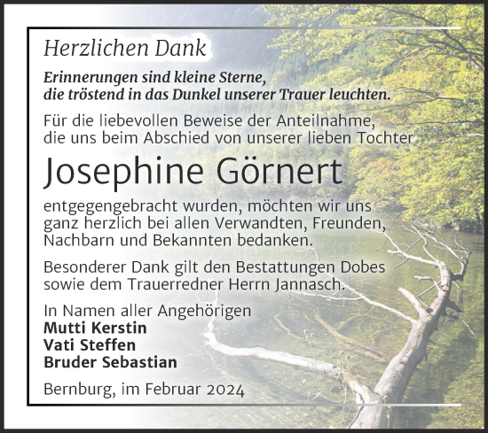 Traueranzeige von Josephine Görnert von Trauerkombi Bernburg