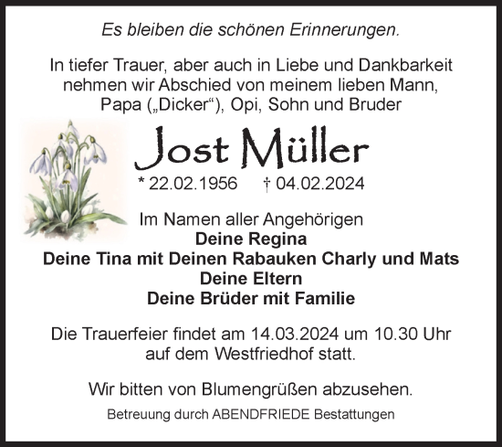 Traueranzeige von Jost Müller von Volksstimme Magdeburg