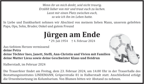 Traueranzeige von Jürgen am Ende von Volksstimme Halberstadt