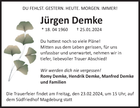 Traueranzeige von Jürgen Demke von Volksstimme Magdeburg