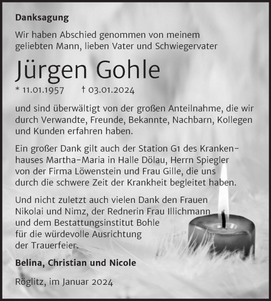 Traueranzeige von Jürgen Gohle von Trauerkombi Merseburg
