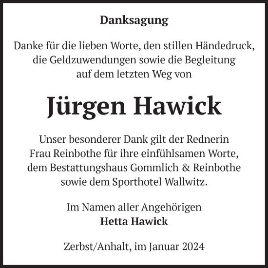 Traueranzeige von Jürgen Hawick von Volksstimme Burg/Genthin