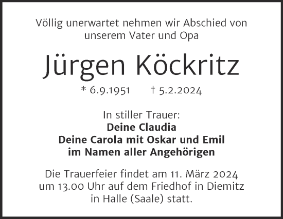 Traueranzeige von Jürgen Köckritz von Mitteldeutsche Zeitung Halle/Saalkreis