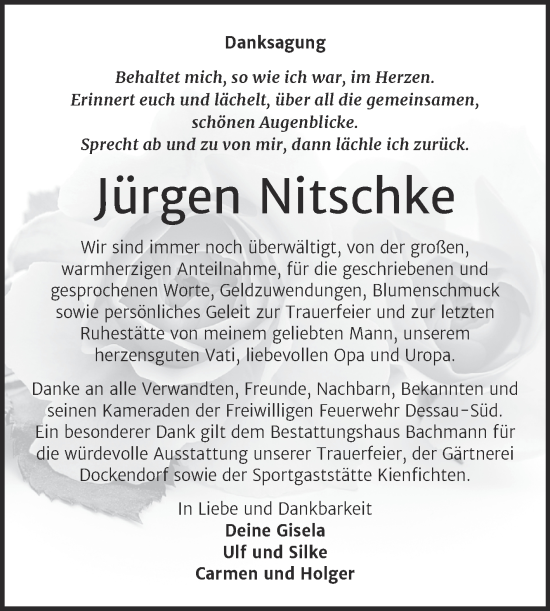 Traueranzeige von Jürgen Nitschke von Trauerkombi Dessau