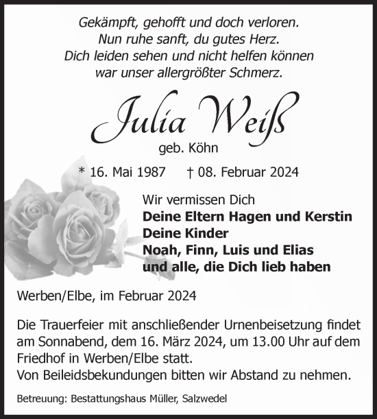 Traueranzeige von Julia Weiß von Volksstimme Altmark Ost