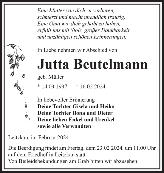 Traueranzeige von Jutta Beutelmann von Volksstimme Zerbst
