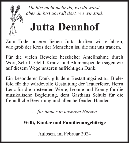 Traueranzeige von Jutta Dennhof von Volksstimme Altmark Ost