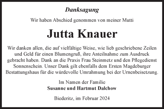 Traueranzeige von Jutta Knauer von Volksstimme Burg/Genthin
