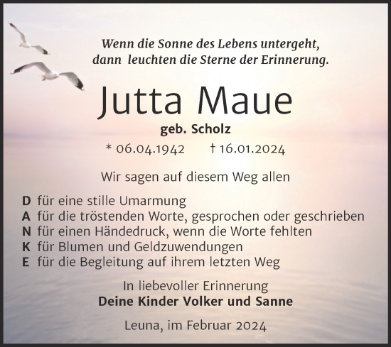 Traueranzeige von Jutta Maue von Trauerkombi Merseburg