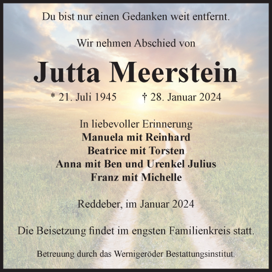Traueranzeige von Jutta Meerstein von Volksstimme Wernigerode