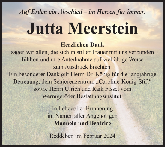 Traueranzeige von Jutta Meerstein von Volksstimme Wernigerode