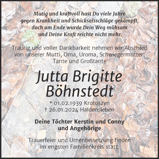 Traueranzeige von Jutta Brigitte Böhnstedt von Trauerkombi Bernburg