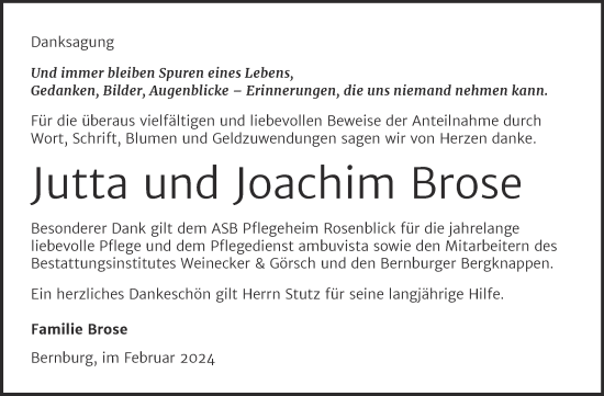 Traueranzeige von Jutta und Joachim Brose von Trauerkombi Bernburg