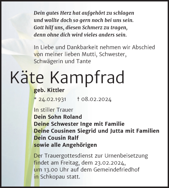 Traueranzeige von Käte Kampfrad von Trauerkombi Merseburg