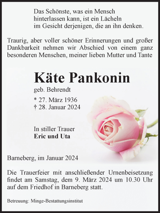 Traueranzeige von Käte Pankonin von Volksstimme Oschersleben/Wanzleben