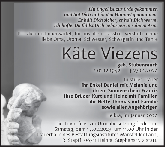 Traueranzeige von Käte Viezens von Trauerkombi Mansfelder Land