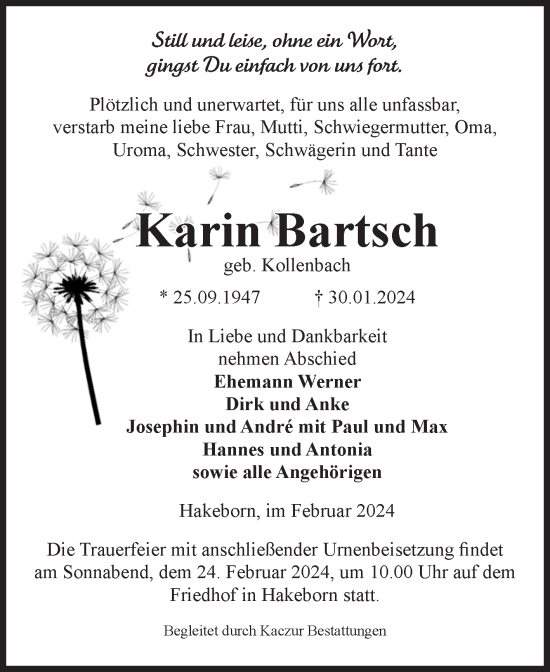 Traueranzeige von Karin Bartsch von Volksstimme Staßfurt