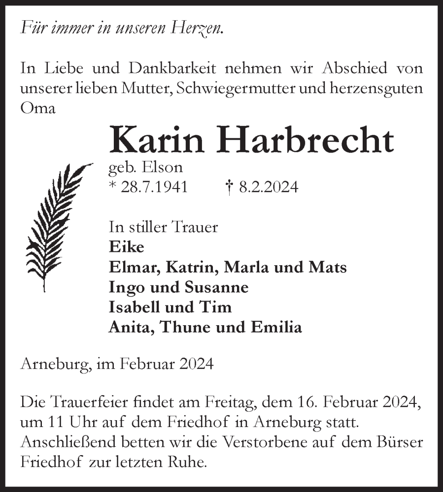  Traueranzeige für Karin Harbrecht vom 10.02.2024 aus Volksstimme Altmark Ost