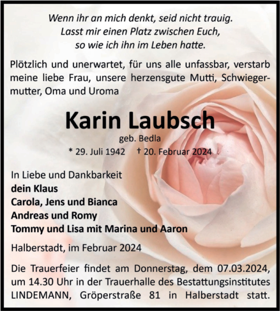 Traueranzeige von Karin Laubsch von Volksstimme Halberstadt