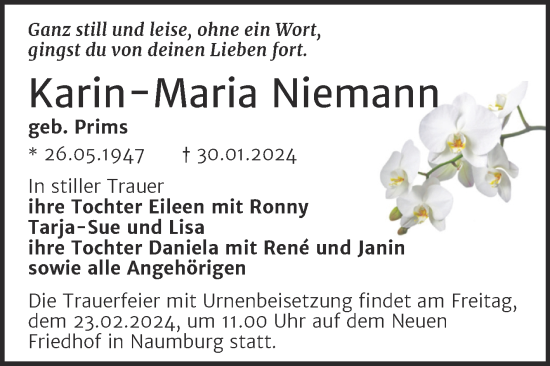 Traueranzeige von Karin-Maria Niemann von Super Sonntag Naumburg/Nebra