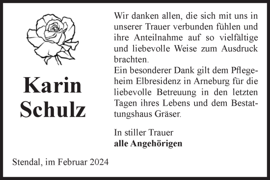 Traueranzeige von Karin Schulz von Volksstimme Altmark Ost
