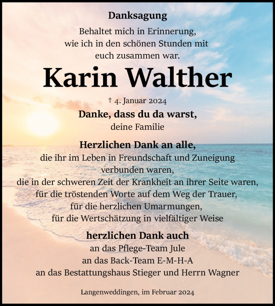 Traueranzeige von Karin Walther von Volksstimme Oschersleben/Wanzleben