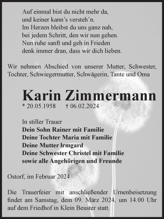 Traueranzeige von Karin Zimmermann von Volksstimme Altmark Ost