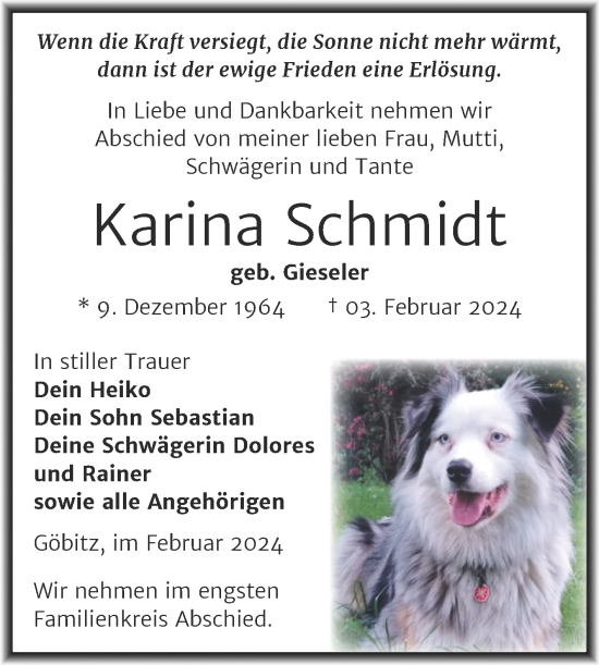 Traueranzeige von Karina Schmidt von Trauerkombi Zeitz
