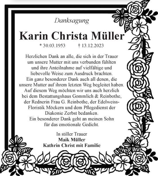 Traueranzeige von Karin Christa Müller von Volksstimme Zerbst