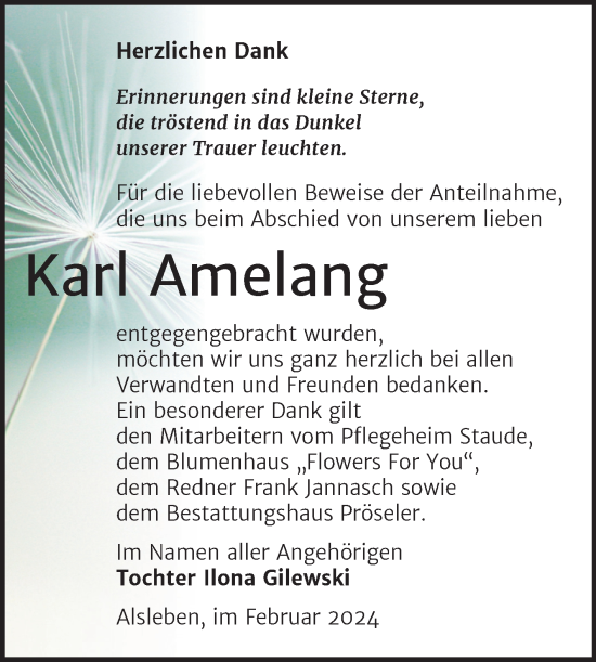 Traueranzeige von Karl Amelang von Trauerkombi Bernburg