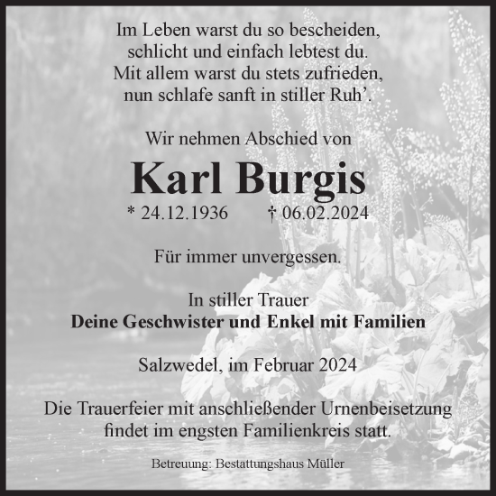 Traueranzeige von Karl Burgis von Volksstimme Altmark West