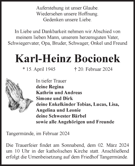 Traueranzeige von Karl-Heinz Bocionek von Volksstimme Altmark Ost