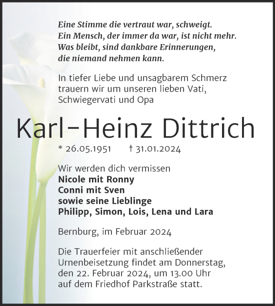 Traueranzeige von Karl-Heinz Dittrich von Trauerkombi Bernburg