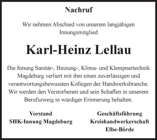 Traueranzeige von Karl-Heinz Lellau von Volksstimme Magdeburg