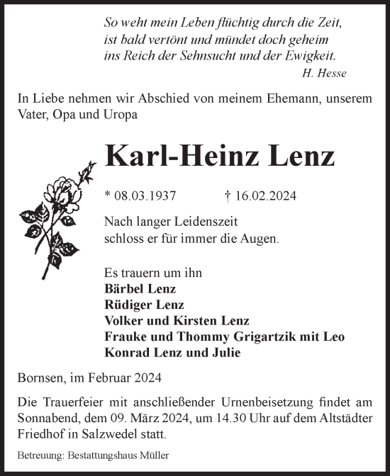 Traueranzeige von Karl-Heinz Lenz von Volksstimme Altmark West