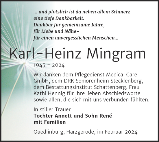 Traueranzeige von Karl-Heinz Mingram von Trauerkombi Quedlinburg