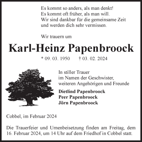 Traueranzeige von Karl-Heinz Papenbroock von Volksstimme Altmark Ost