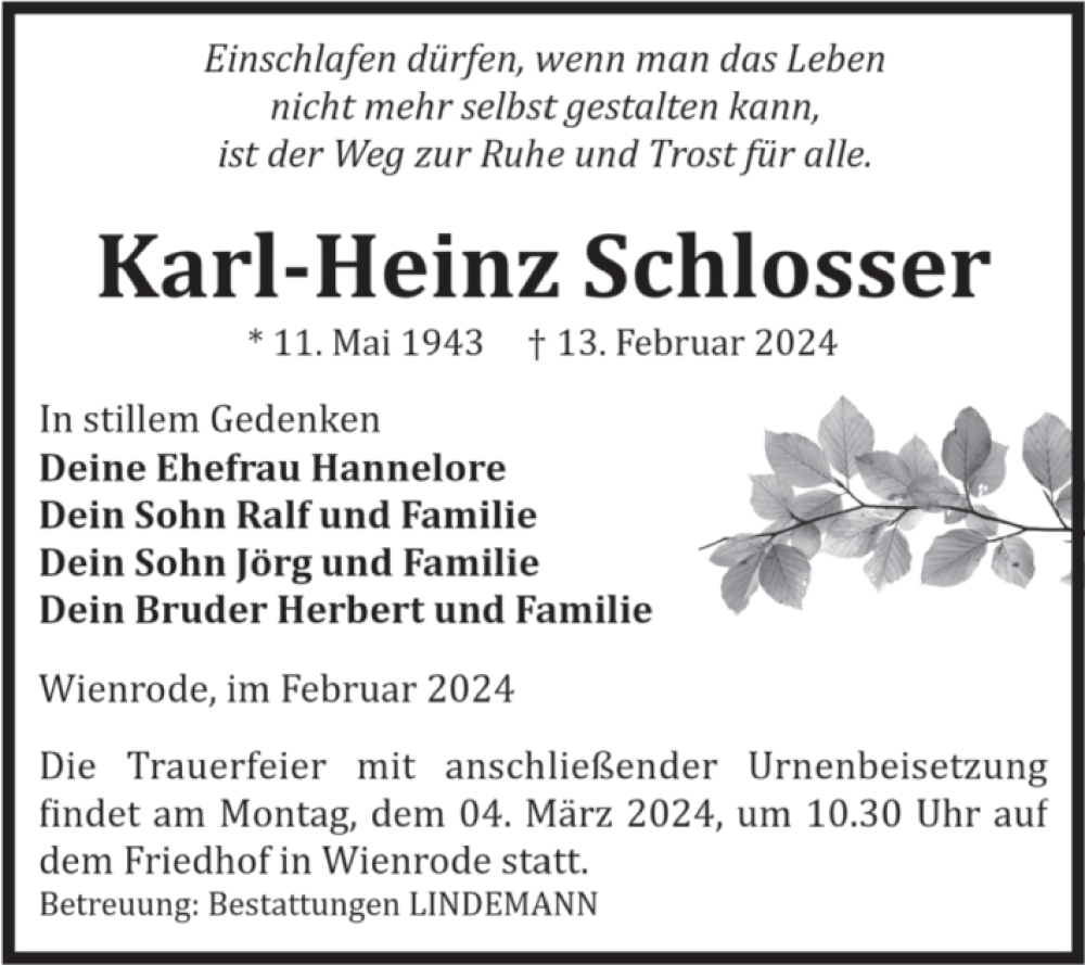  Traueranzeige für Karl-Heinz Schlosser vom 24.02.2024 aus Volksstimme Wernigerode