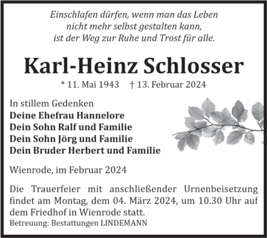 Traueranzeige von Karl-Heinz Schlosser von Volksstimme Wernigerode