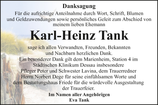 Traueranzeige von Karl-Heinz Tank von Trauerkombi Dessau