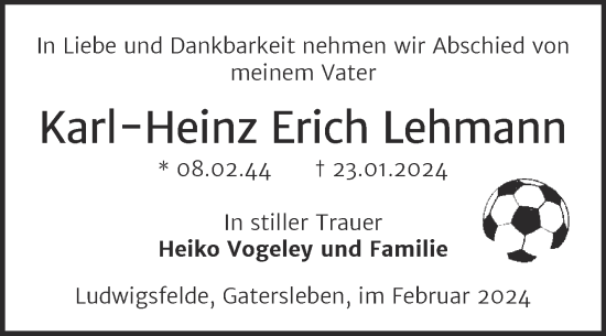 Traueranzeige von Karl-Heinz Erich Lehmann von Trauerkombi Aschersleben
