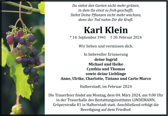 Traueranzeige von Karl Klein von Volksstimme Halberstadt