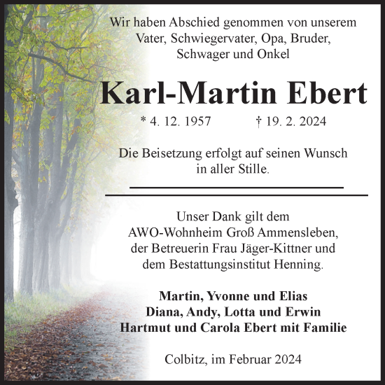 Traueranzeige von Karl-Martin Ebert von Volksstimme Haldensleben/Wolmirstedt