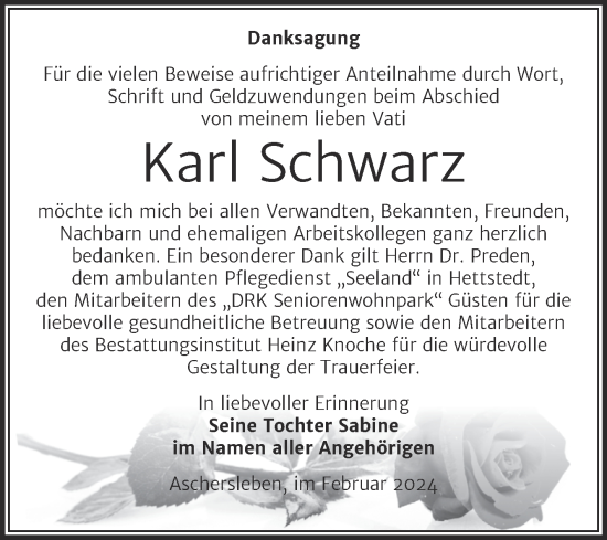Traueranzeige von Karl Schwarz von Trauerkombi Aschersleben