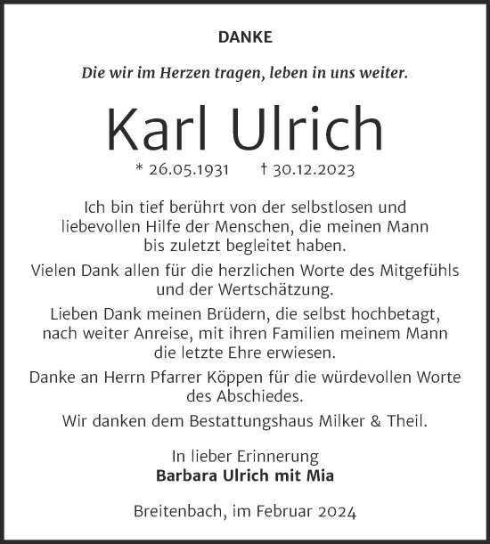 Traueranzeige von Karl Ulrich von Trauerkombi Zeitz