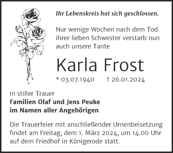 Traueranzeige von Karla Frost von Trauerkombi Quedlinburg